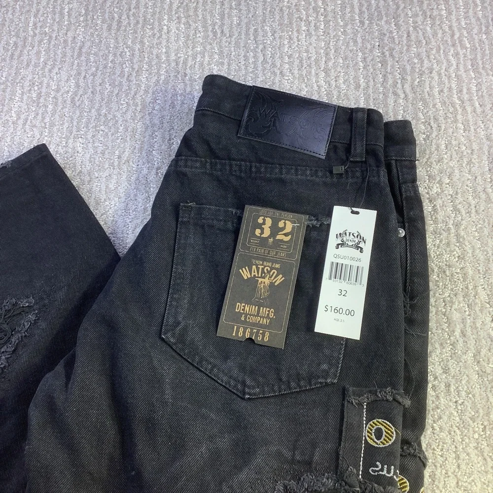 Watson Denim Mens 32 x‎ 29 Black Distressed Embroidered Graphic Jeans NWT